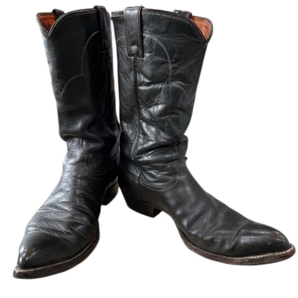 Vintage Justin Brown/slate/black rancher pointy toe Leather Cowboy Boots-10.5